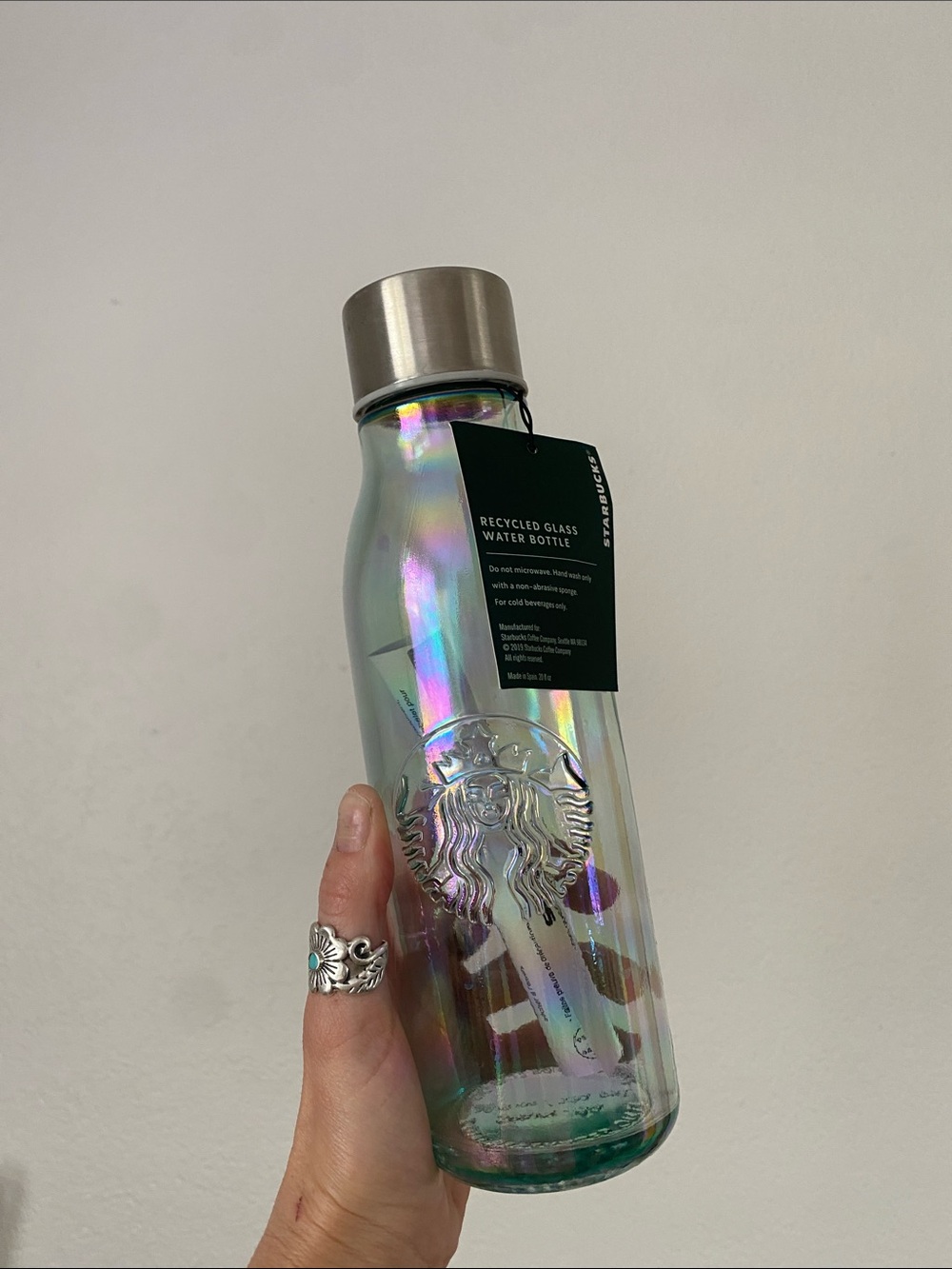 🌼 NWT Starbucks Iridescent Glass Water Bottle - Holographic color 20oz